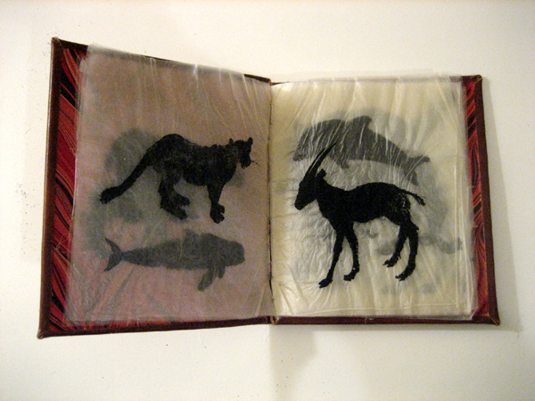 Fleshbook: india ink on goldbeaters skin; hand bound in leather and end papers resembling muscle