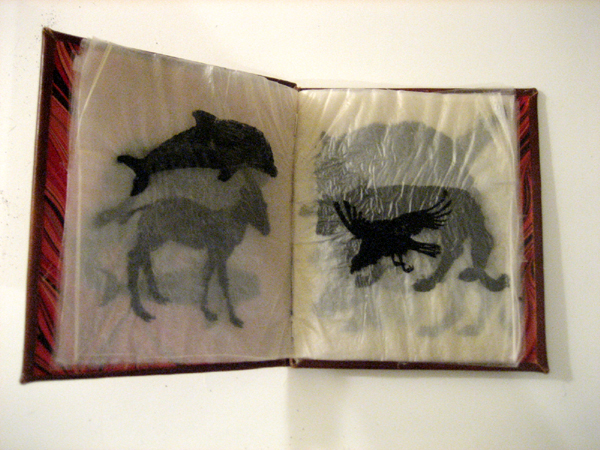 Fleshbook: india ink on goldbeaters skin; hand bound in leather and end papers resembling muscle