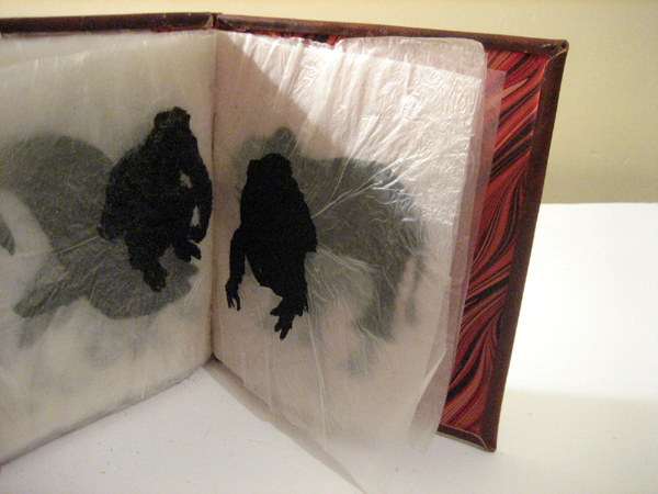 Fleshbook: india ink on goldbeaters skin; hand bound in leather and end papers resembling muscle